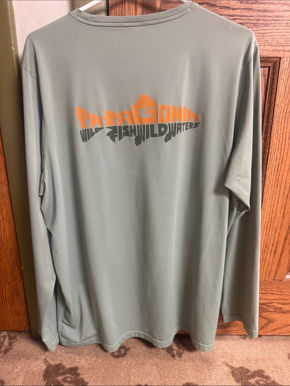Patagonia Long-Sleeve Performance Tee in Sage Green with Orange Logo